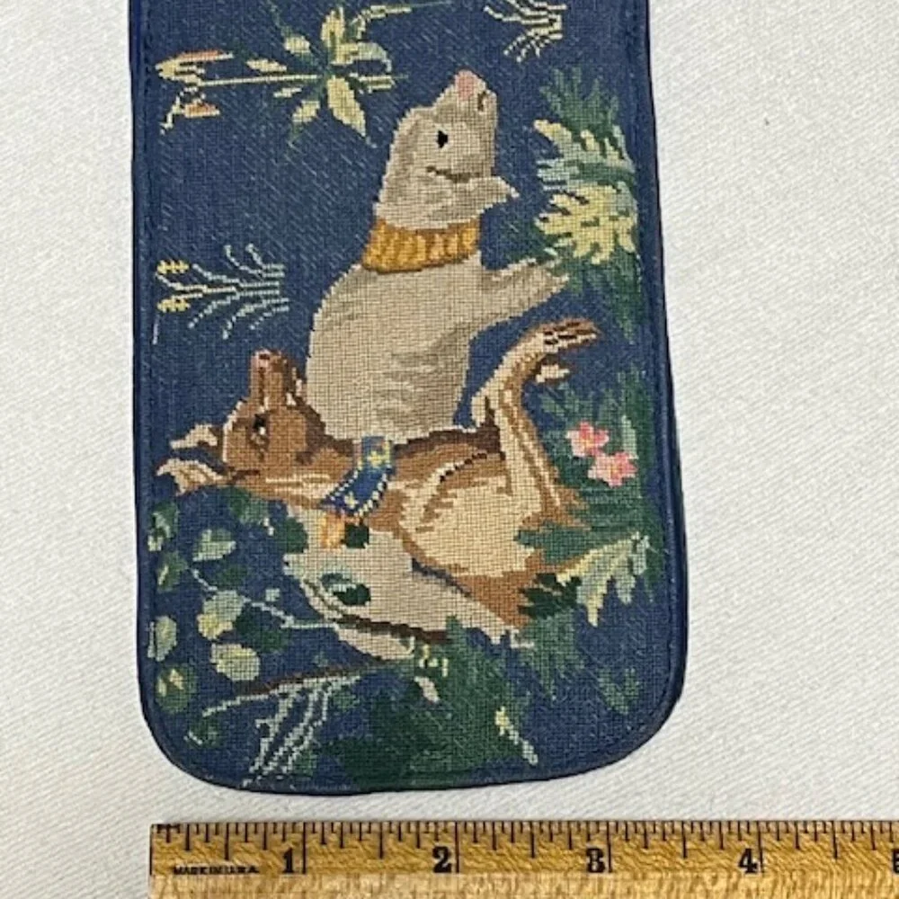 VTG Needlepoint Blue Animals Floral Eyeglasses Soft Case Silk Cotton 6.5